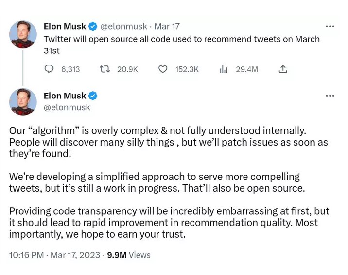 Elon Musk tweet, wo er sagt, dass Twitter-Algorithmus Open Source wird