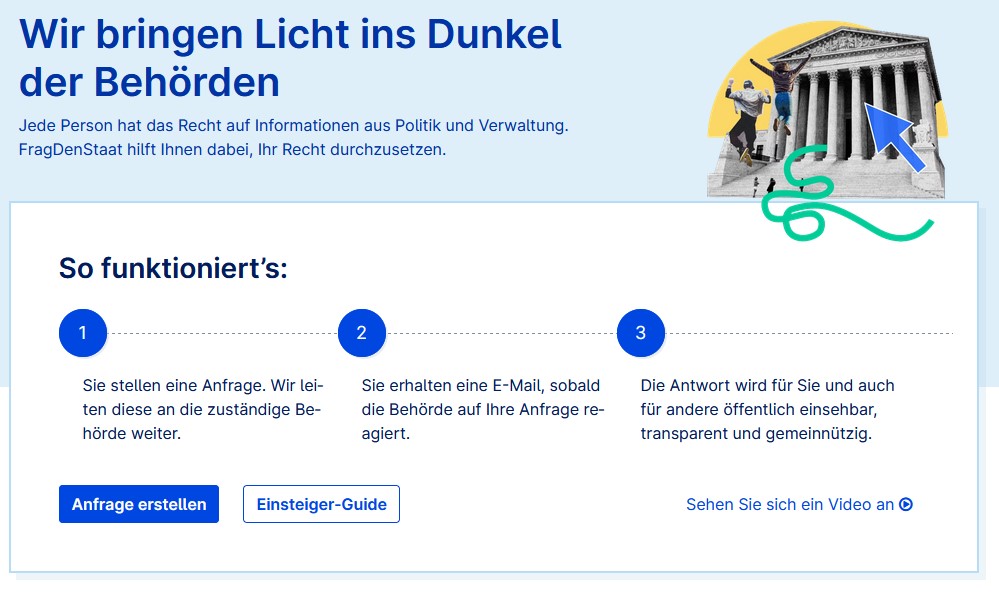 Mit 'Frag den Staat' kannst du jede Behörde oder Öffentliche Einrichtung kontaktieren. Bild Screenshot. Copyright FragdenStaat.de