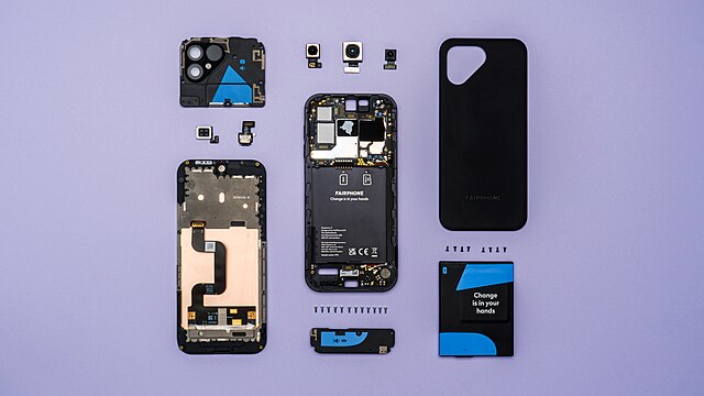 DAs recyclebare Fairphone 5 ist komplett auseinandernehmbare und reparierbar. Creative Commons License 2.0.