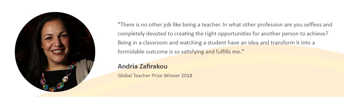 Kunstlehrerin Andria Zafirakou aus London, Gewinnerin der Global Teacher Prizes 2018. Copyright Globalteacher Prize.