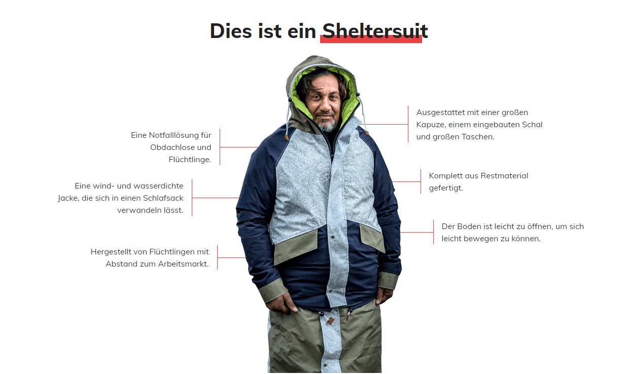 So sieht ein warmer Sheltersuit aus. Tagsübertragbar, nachts kann man in ihm schlafen. Screenshot Sheltersuit Foundation. 